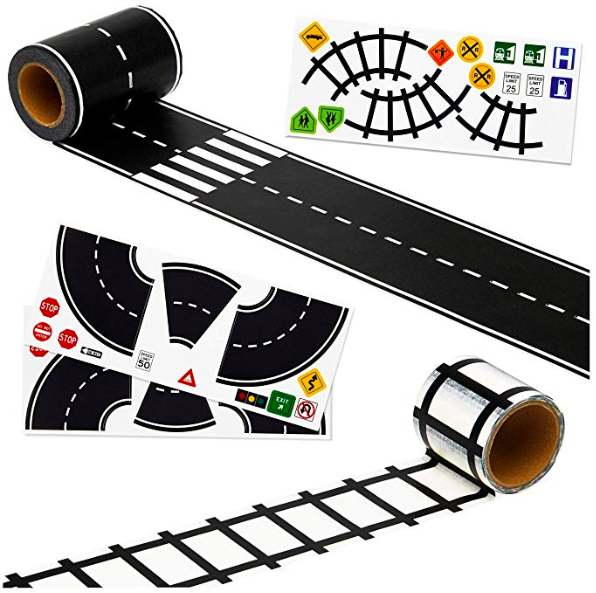  PlayTape Road Tape and Curves for Toy Cars - 1 Roll of 30 ft. x  4 in. Black Road + 1 Roll of 12 Curves : Toys & Games